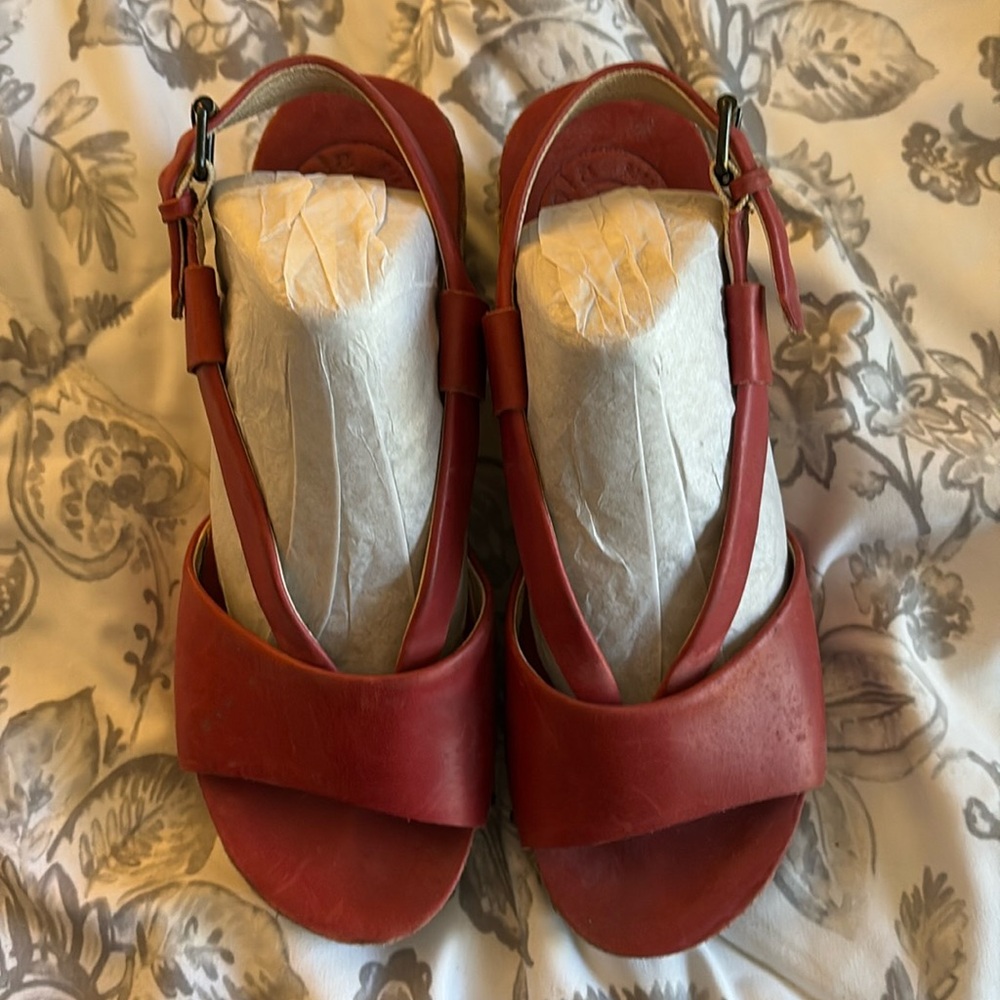 Worn one time. Leather wedges.Brand Bussola. Size 9m. Color Red.